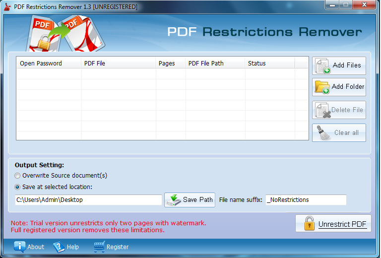 Pdf restrictions remover tool Screenshot